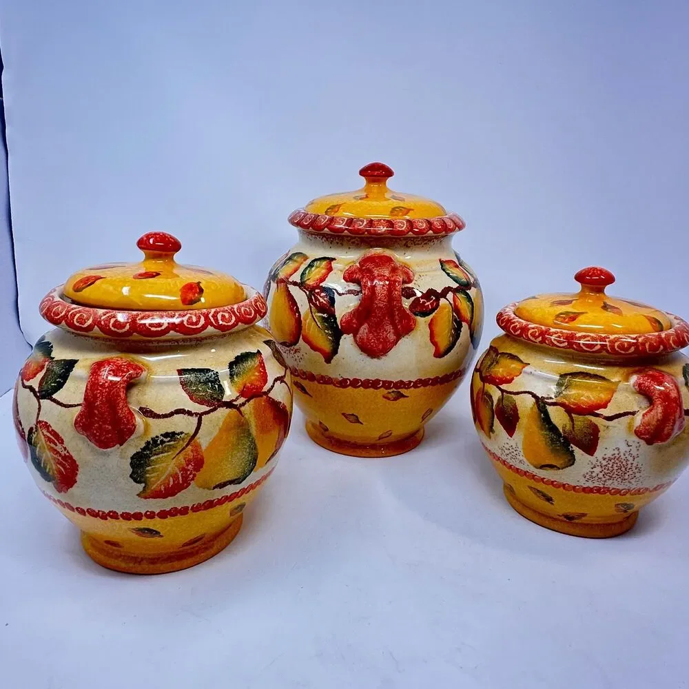 Vintage Williams Sonoma Italian Ceramic Kitchen Canisters Tuscan Pear Set of 3